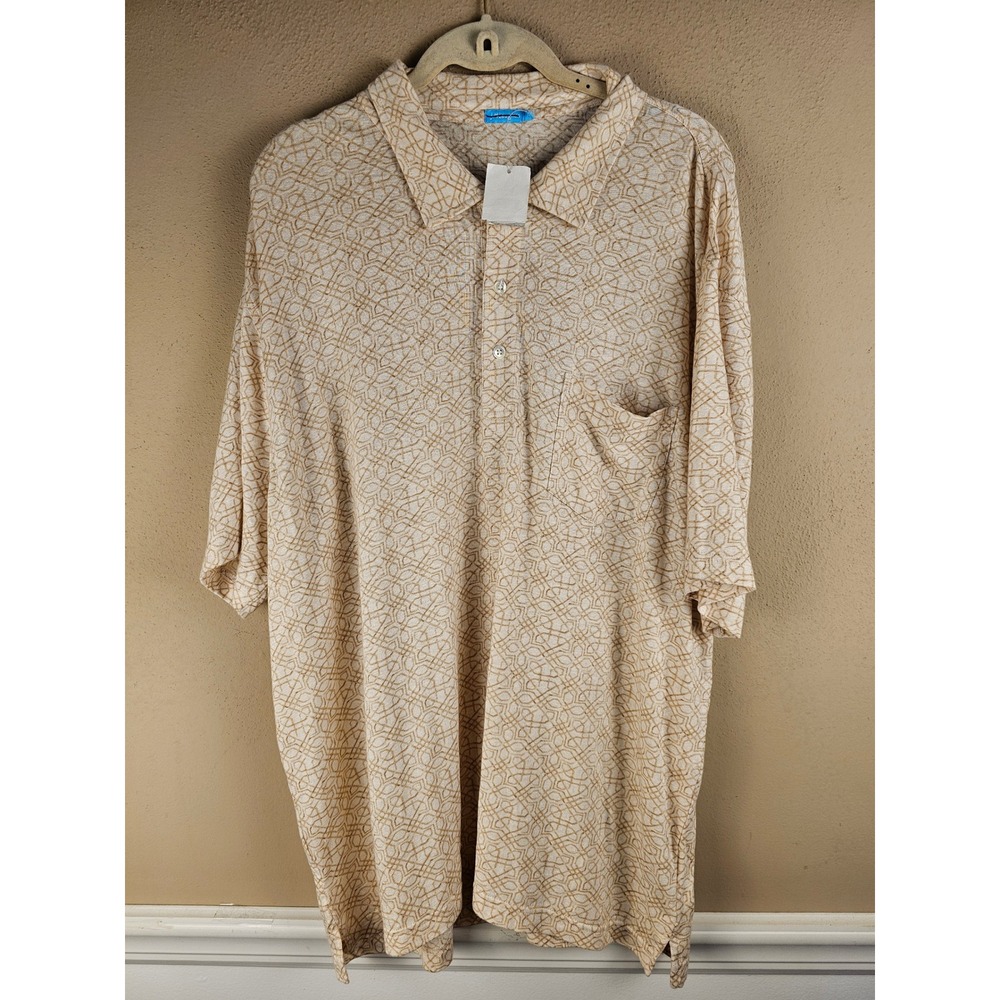 NWT J McLaughlin Mens Tan White Linen Blend‎ Short Sleeve Polo Shirt Medium